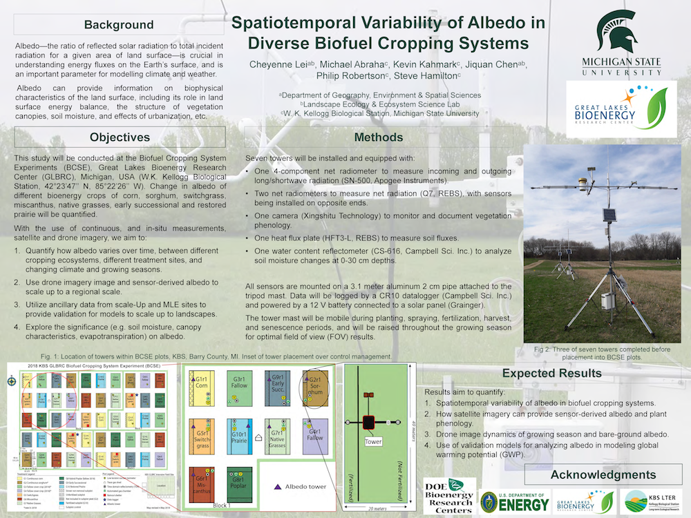 an image depicting PhD student Cheyenne Lei's poster entitled Spatiotemporal Variability of Albedo in Diverse Biofuel Cropping Systems